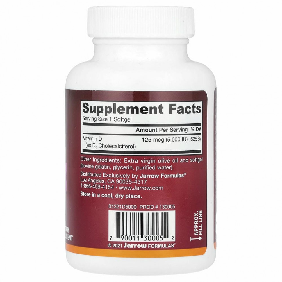 Jarrow Formulas, витамин D3, холекальциферол, 125 мкг (5000 МЕ), 100 капсул