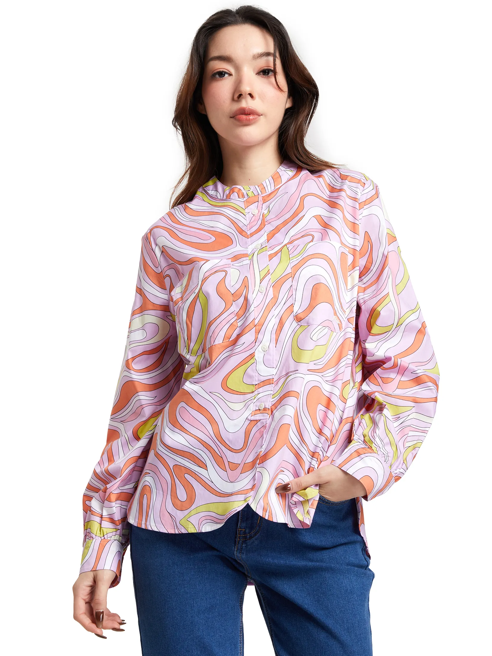 ALUMNUS Women Shirts Long Sleeves Gathered Cuff Stand Collar Print Pink Size - M