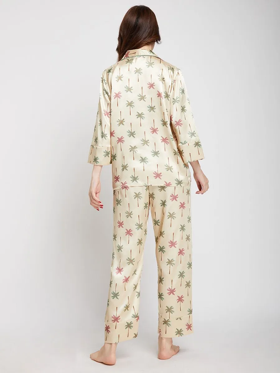 MARIA VICTORIA Women Sleepwear Long Sleeves + Pants Palm Tree Printed Gold