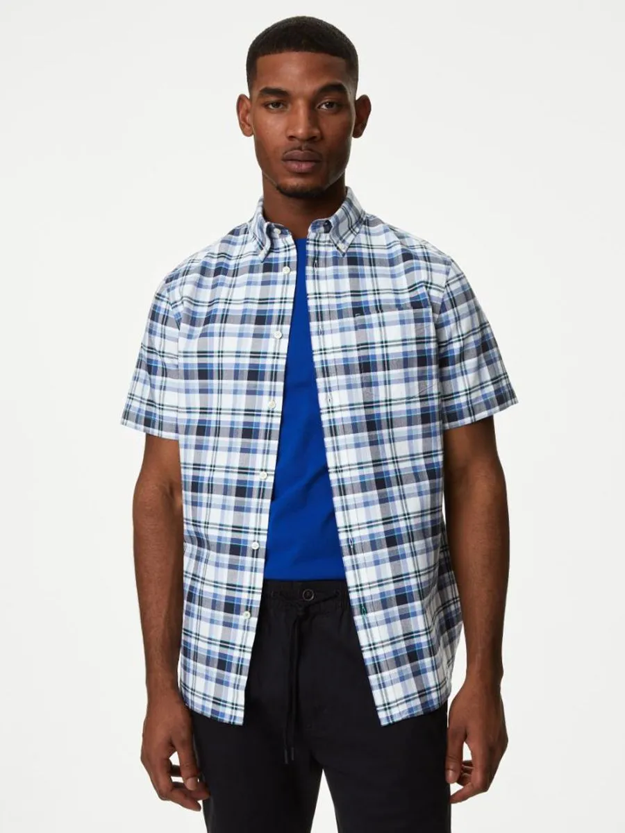 MARKS & SPENCER Men Shirt  Easy Iron Pure Cotton Check Oxford Z4_White Mix