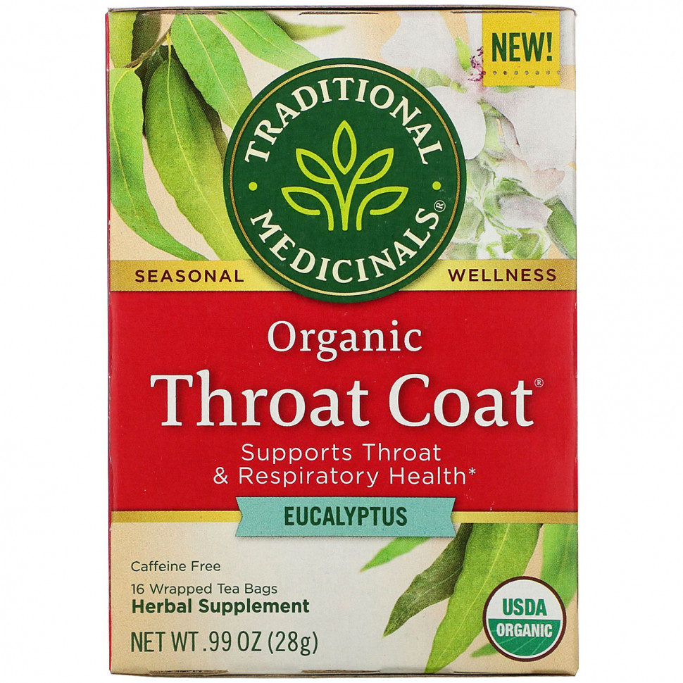 Traditional Medicinals, Organic Throat Coat, эвкалипт, без кофеина, 16 чайных пакетиков в упаковке, 28 г (0,99 унции)
