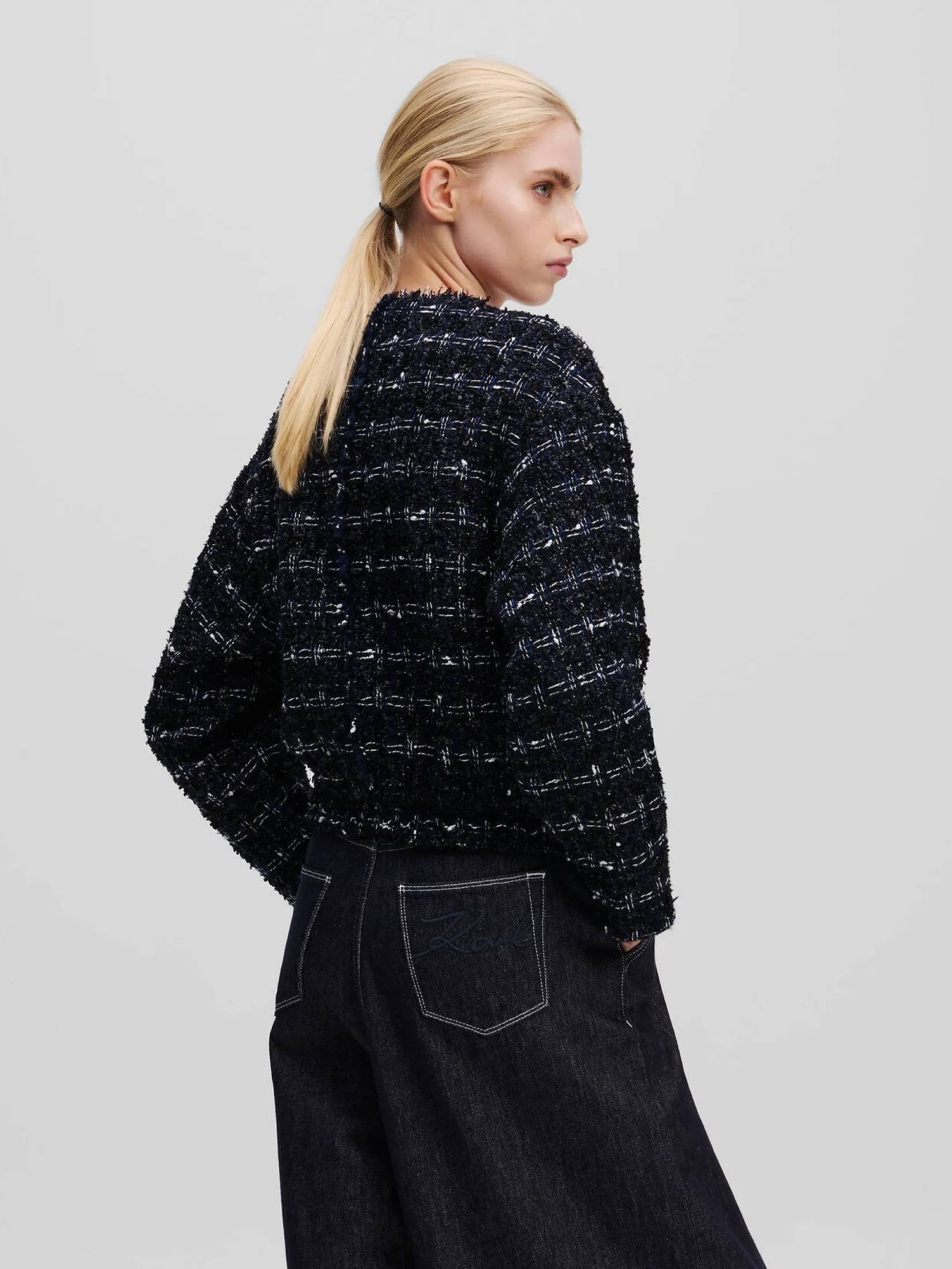 KARL LAGERFELD RTW-1 BOUCLE BOMBER JACKET DARK NAVY BOUCLE