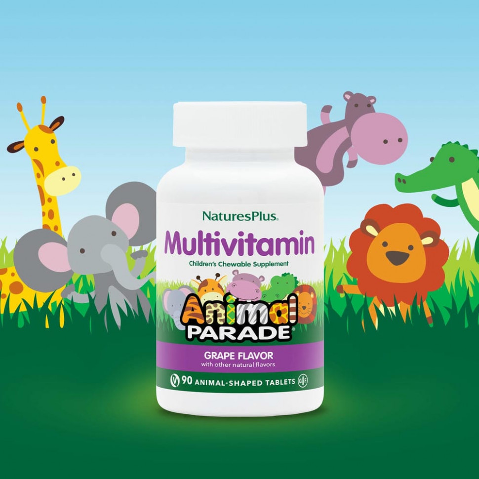 NaturesPlus, Source of Life, Animal Parade, жевательные мультивитамины с микроэлементами для детей, со вкусом винограда, 90 таблеток в форме животных