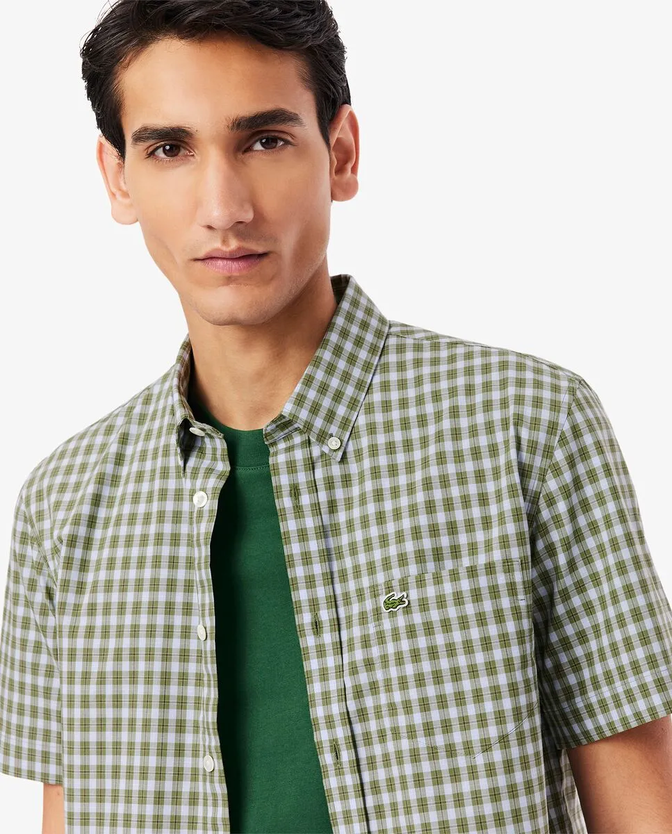 LACOSTE Short Sleeved Buttoned Collar Checked Shirt Green