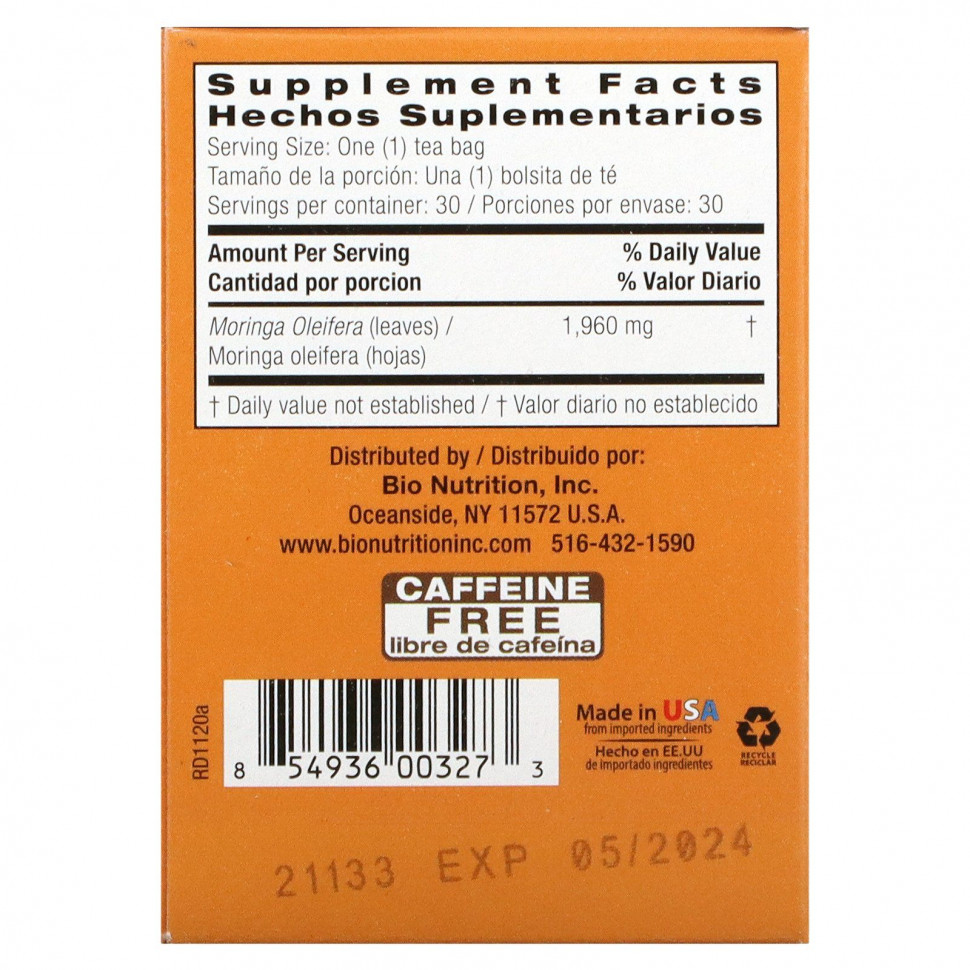 Bio Nutrition, чай из моринги, 30 чайных пакетиков, 58,8 г (2,1 унции)