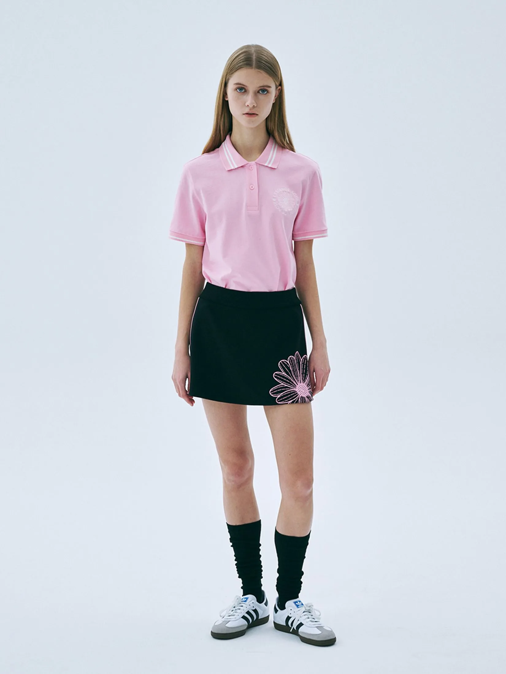 MARDI MERCREDI ACTIF Piquet T-Shirt Emblem Needlework Pink Ivory F