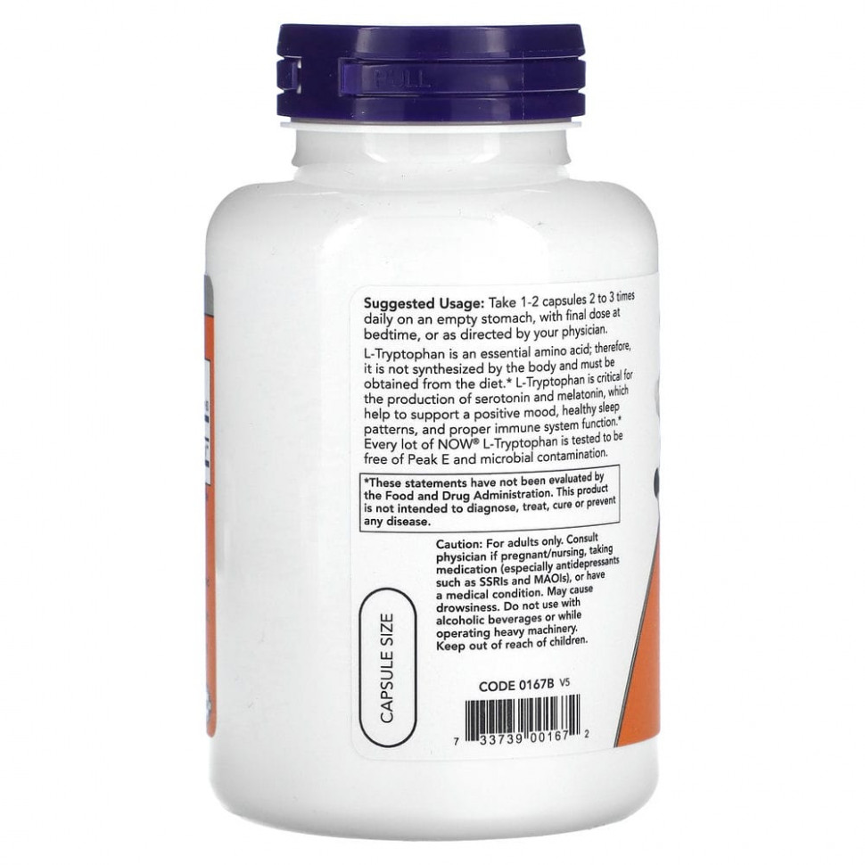 NOW Foods, L-триптофан, 500 мг, 120 растительных капсул