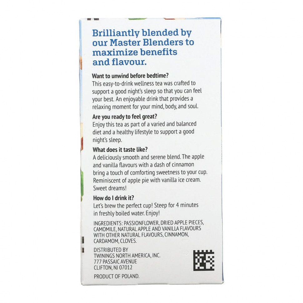 Twinings, Успокаивающий травяной чай, страстоцвет и ромашка, пряное яблоко и ваниль, без кофеина, 18 пакетиков по 0,95 унц. (27 г)