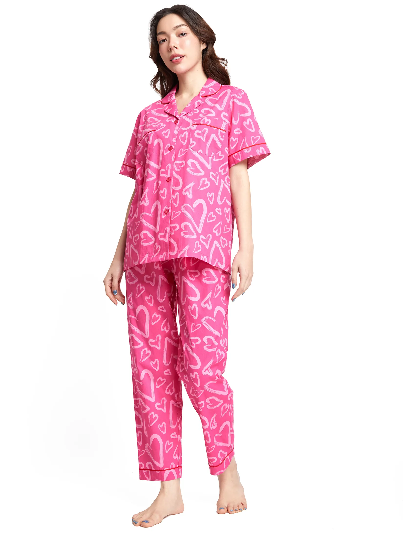 FOF Women Pyjamas Shirt Collar Neck Short Sleeves + Pants Heart Print Pink