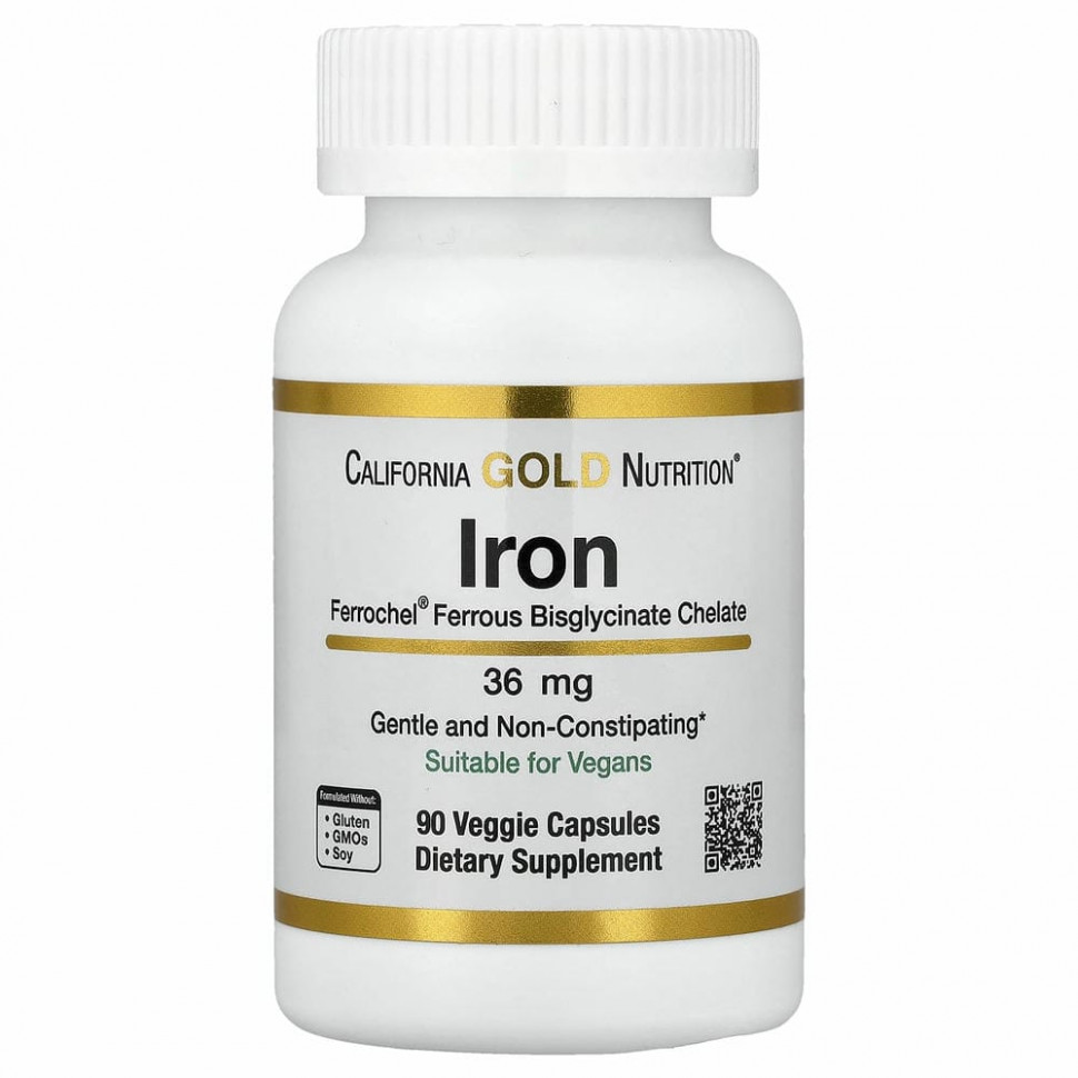 California Gold Nutrition, Ferrochel, железо (бисглицинат), 36 мг, 90 растительных капсул