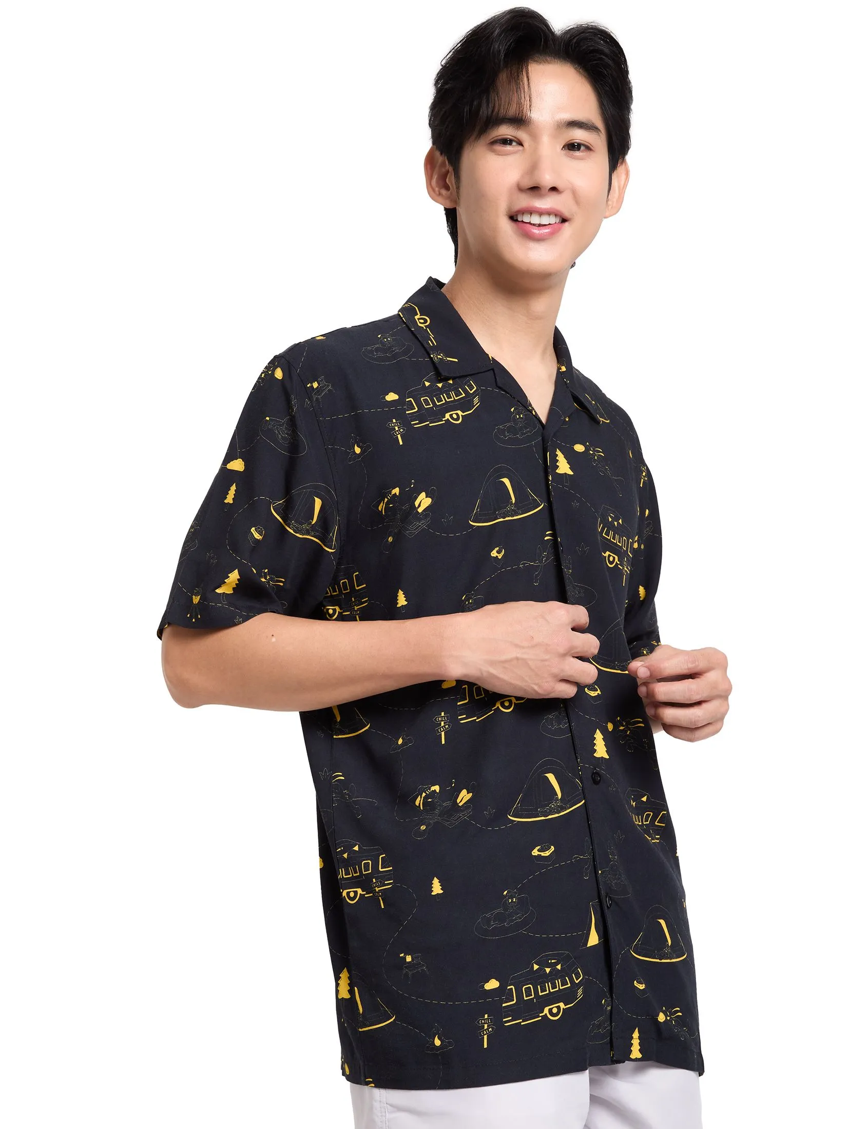 PACIFIC UNION Men Oversized Shirt Short Sleeves Mickey Mouse Graphic Printed Black