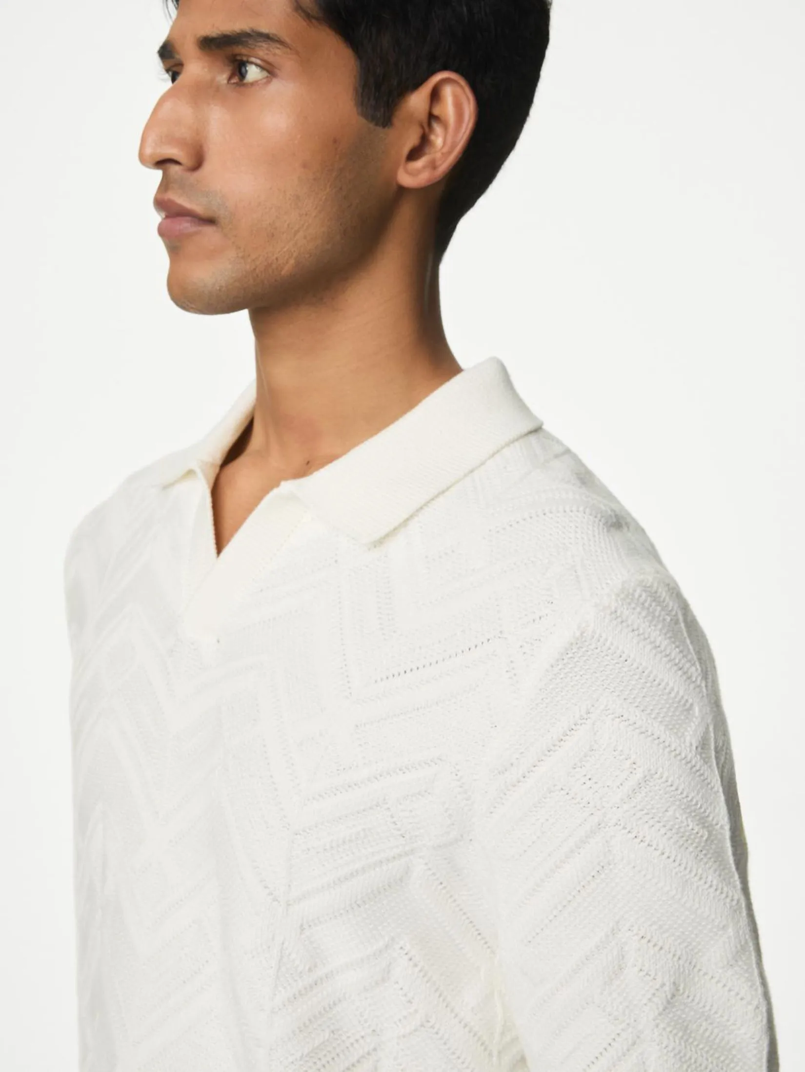 MARKS & SPENCER Men Polo Shirt Cotton Rich Open Neck Knitted Ivory