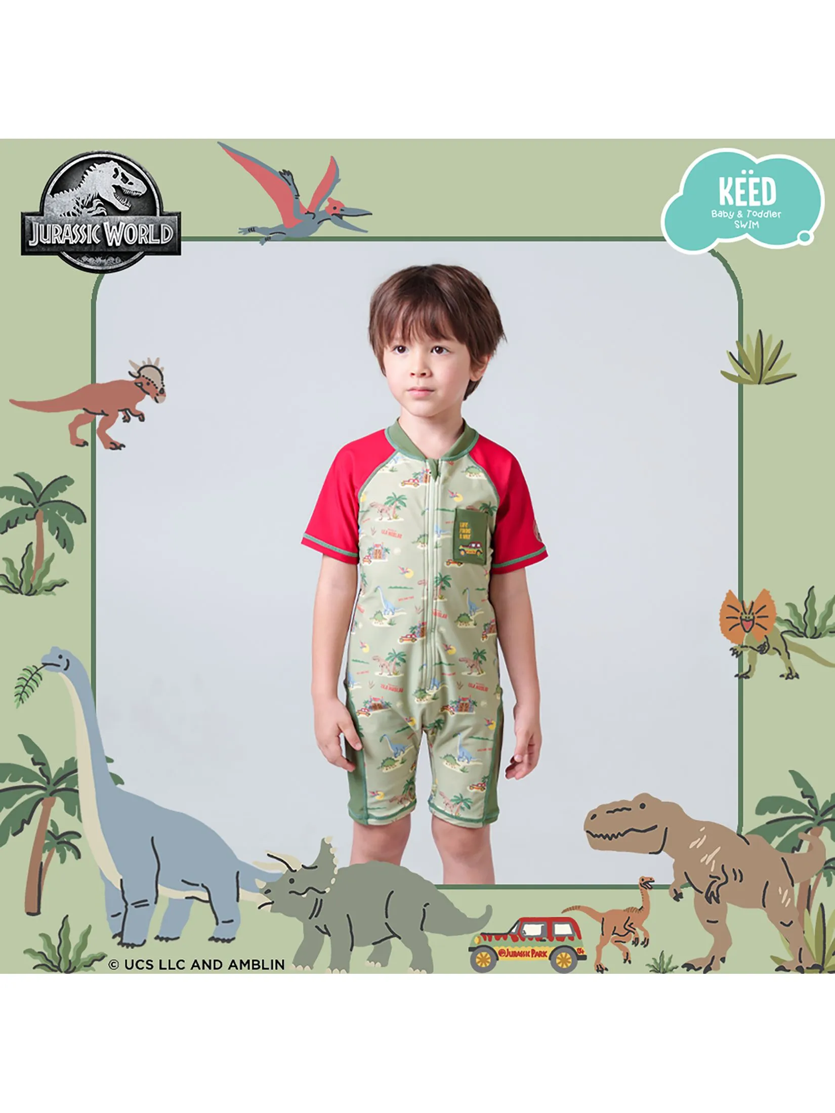 KEED Boy Swimsuit Short Sleeves Jurassic World Khaki Green