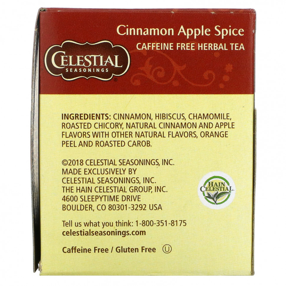 Celestial Seasonings, травяной чай, со вкусом корицы и яблока, без кофеина, 20 чайных пакетиков, 48 г (1,7 унции)