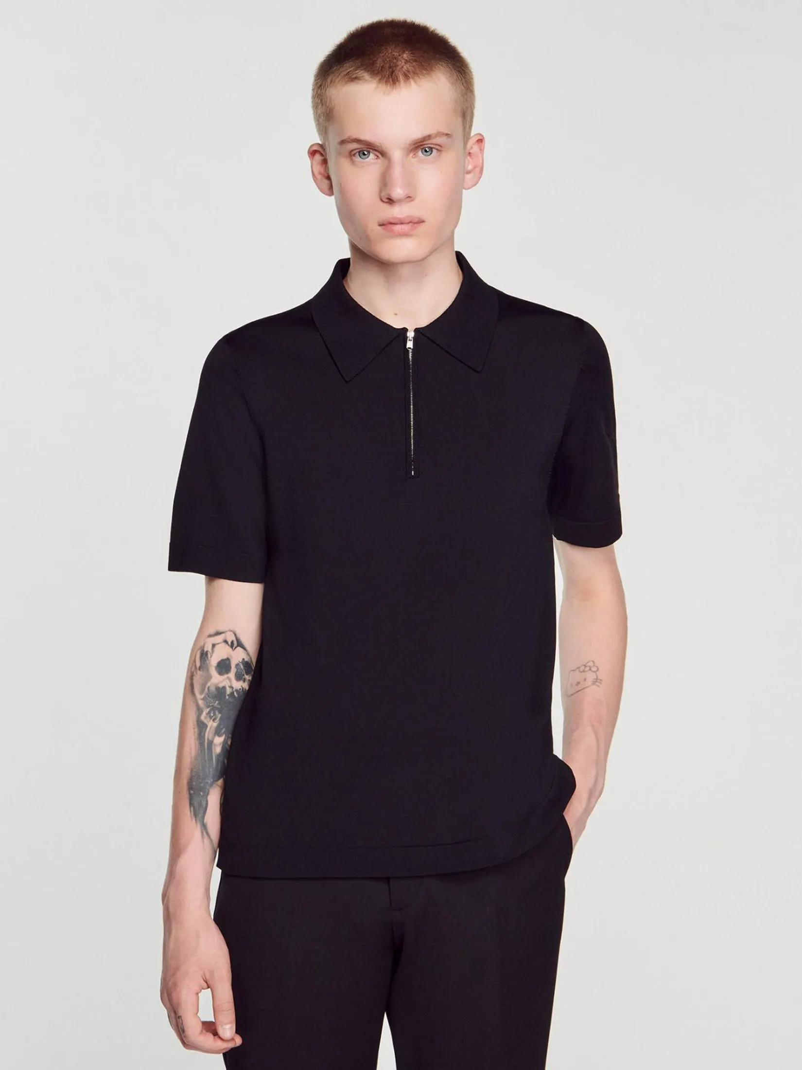 SANDRO Knitted Polo Shirt with Zip Collar