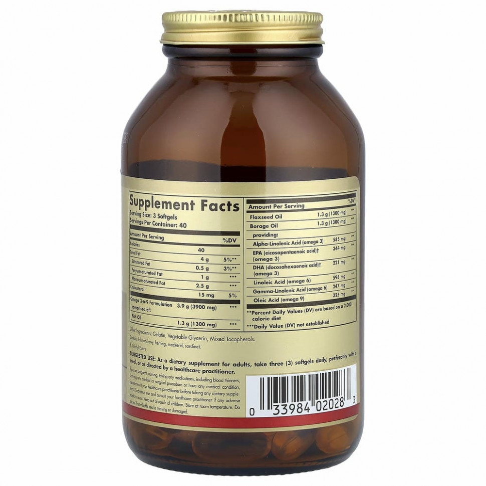 Solgar, омега 3-6-9, 1300 мг, 120 мягких таблеток