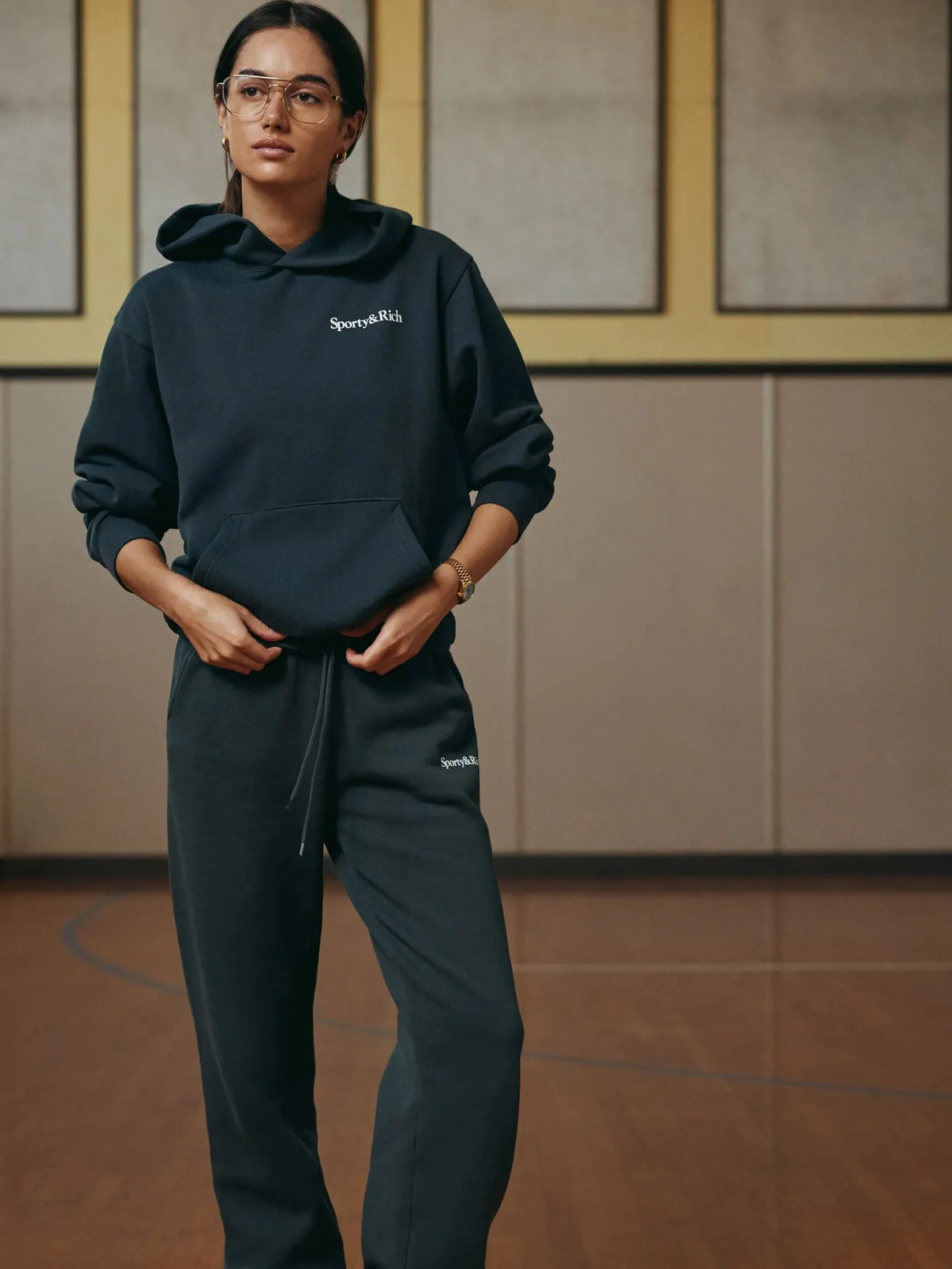 SPORTY & RICH Unisex Sweapant Serif Logo Soft - Faded Black/White