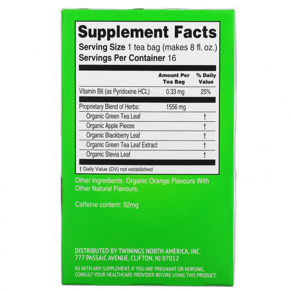 Twinings, Superblends, Energy с витамином B6, зеленый чай с цитрусовыми и яблоками, 16 чайных пакетиков, 29 г (1,02 унции)