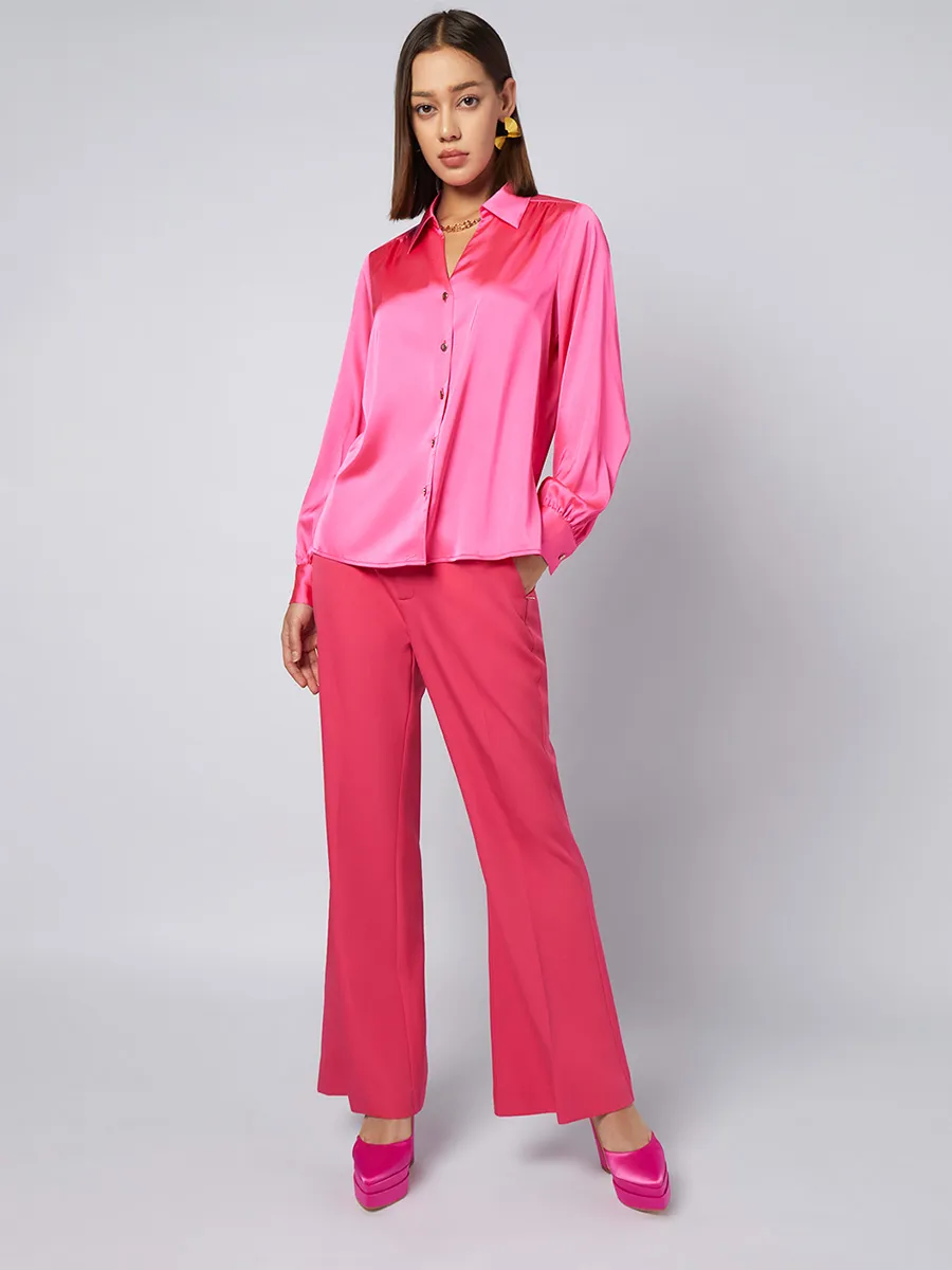 F-FASHION V-Neck Satin Shirt Women Mid Pink