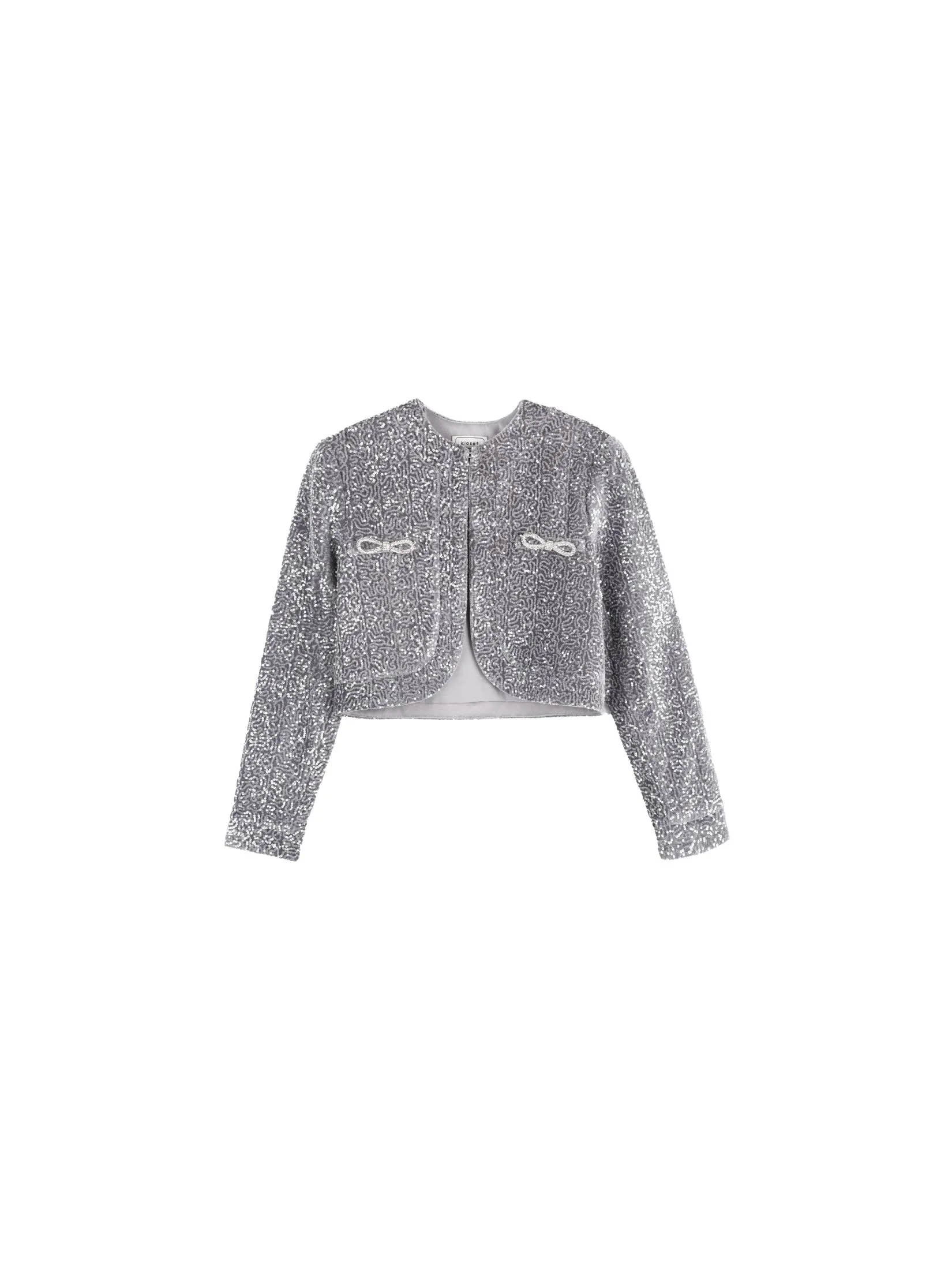 KLOSET (AW24) Women Sequin Blazer with Rhinestone Bow Grey