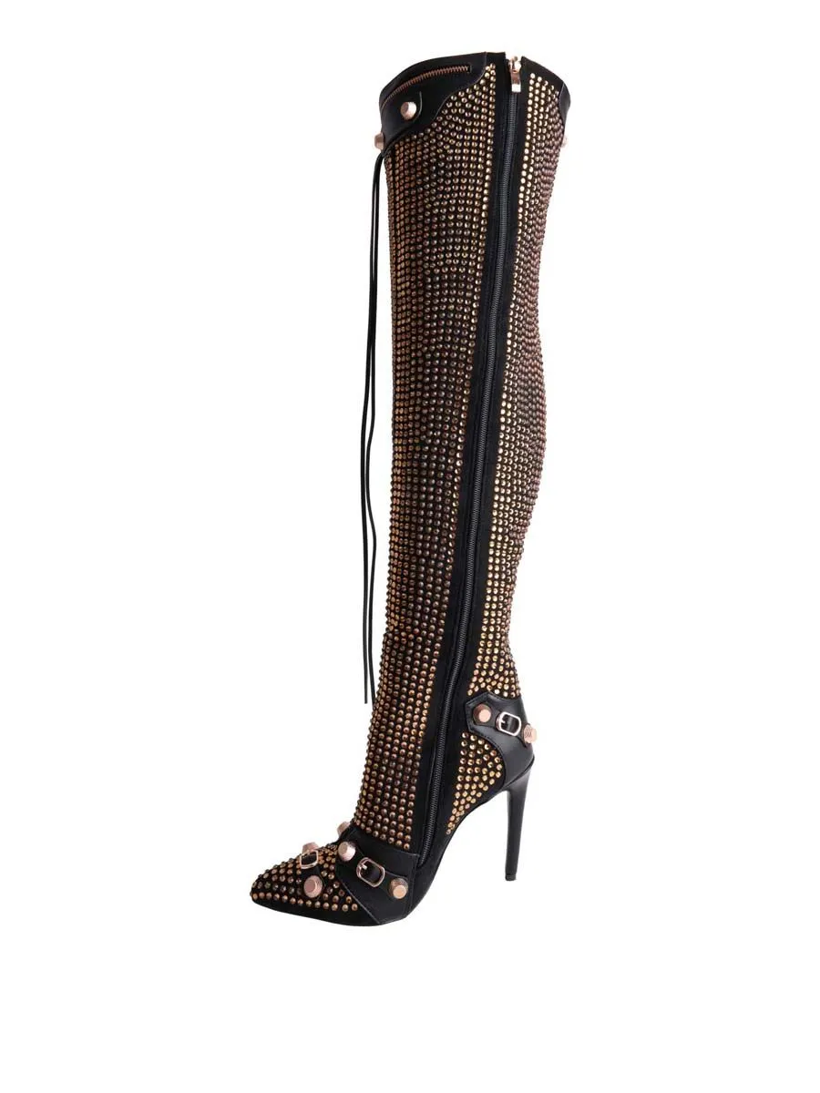 VILLAINS SF GO GO Knee High Boot BLACK GOLD JEWELS
