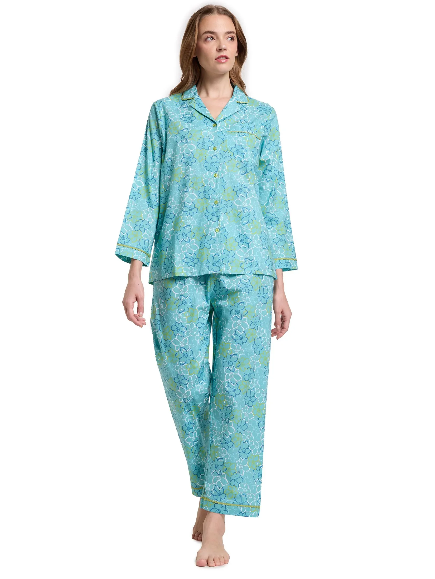 CLAUDIA'S ROMANCE Women Pajamas Shirt Long Sleeves + Pants Sweet Dreams Light Blue Size - L