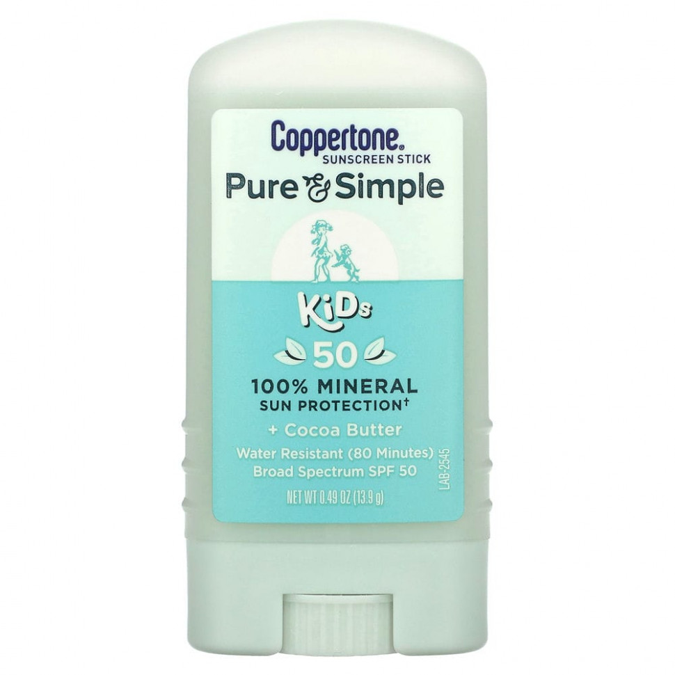 Coppertone, Pure & Simple, Kids, солнцезащитный стик для детей, SPF 50, какао-масло, 13,9 г (0,49 унции)