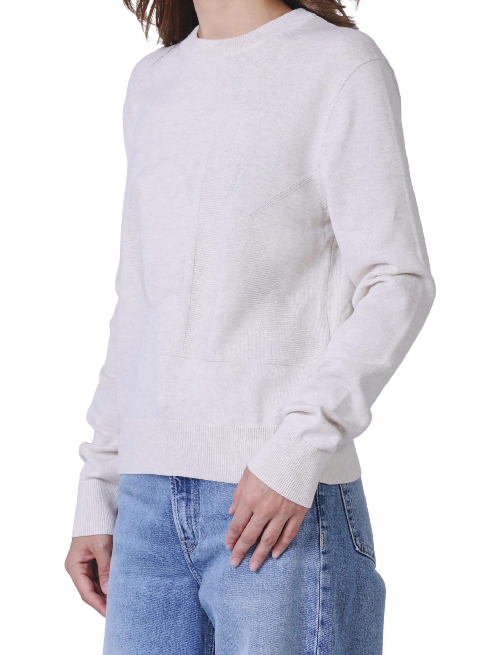 CALVIN KLEIN Women's Smooth Cotton Monogram Logo Sweater Light Grey