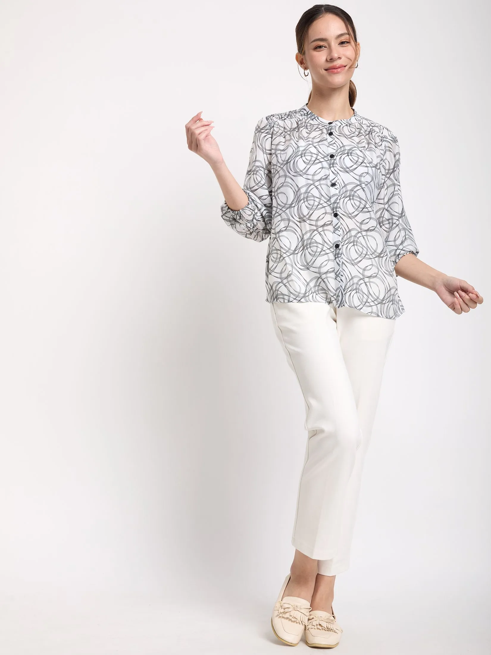 EASY PIECES Women Blouse Long Sleeves Crew Neck Print