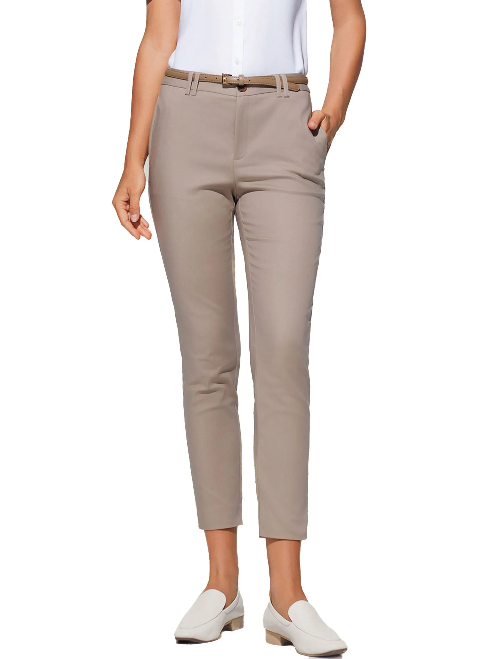 G2000 Women Clothing Cotton Blend Cropped Skinny Casual Pants With Belt Cropped Skinny Shape - Brown