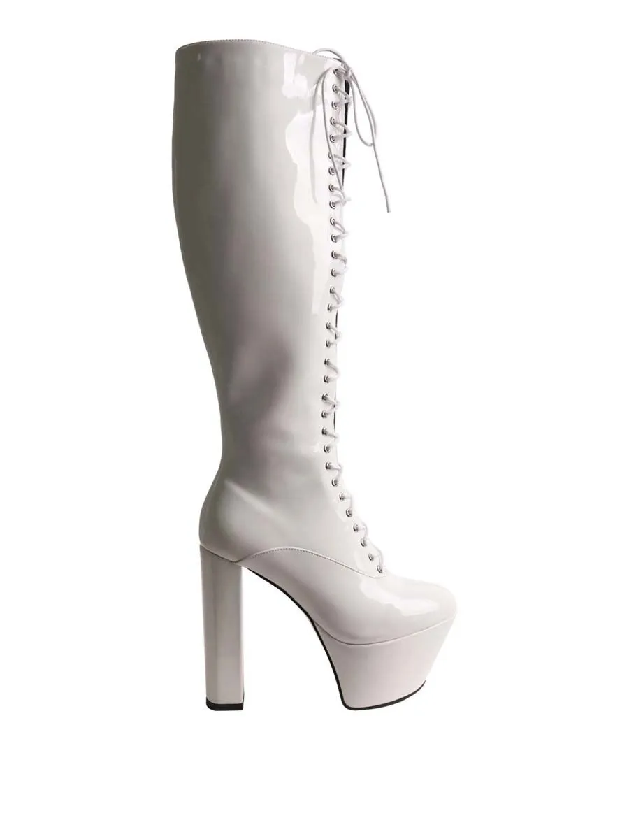 VILLAINS SF HANNAH Platform Knee High Boots In White Patent WHITE PATENT Size - 36 EU