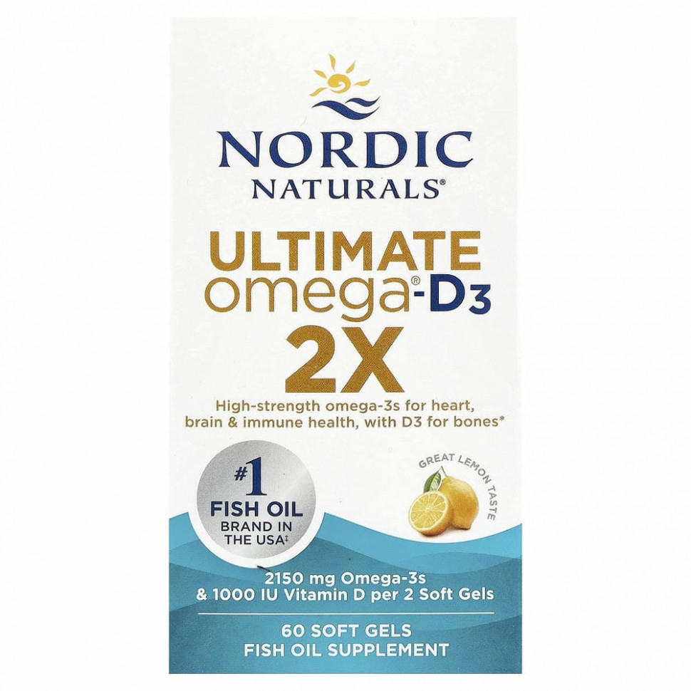 Nordic Naturals, Ultimate Omega 2X с витамином D3, лимон, 60 мягких желатиновых капсул