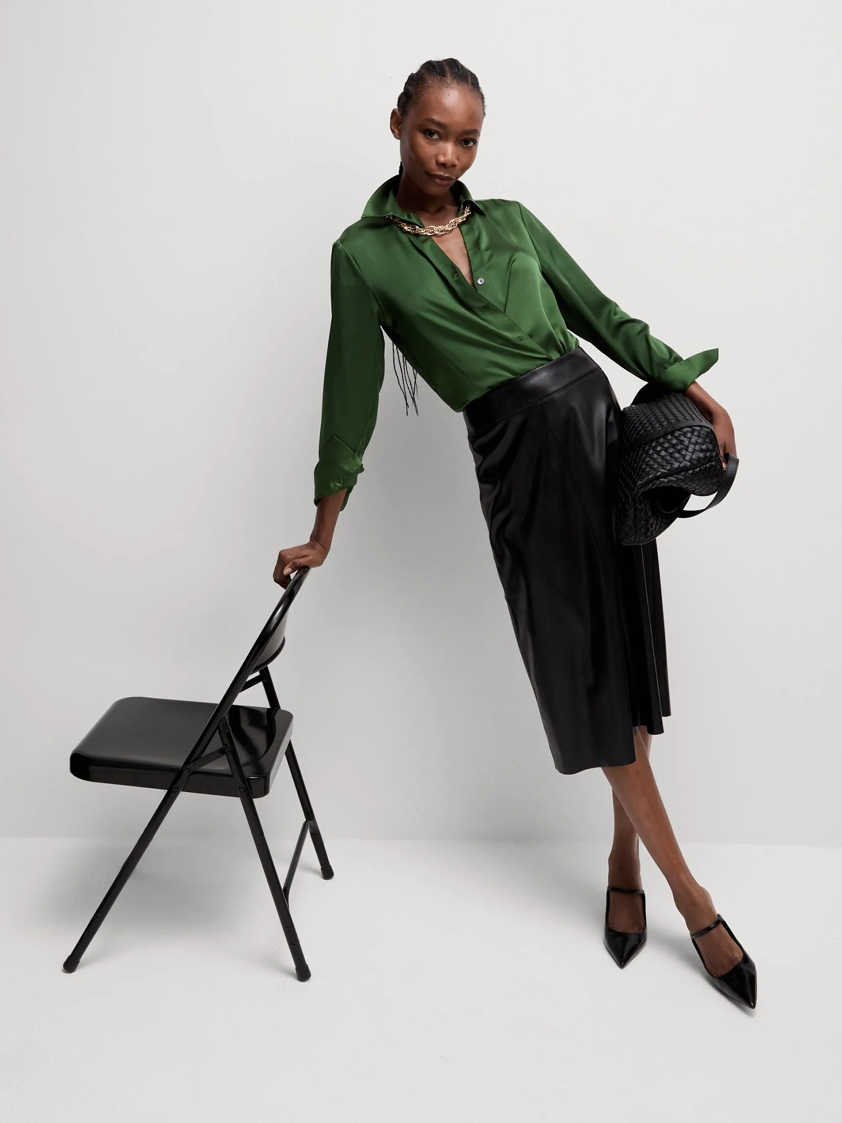 MARKS & SPENCER Women Shirt Satin Collared Button Through Forest Green