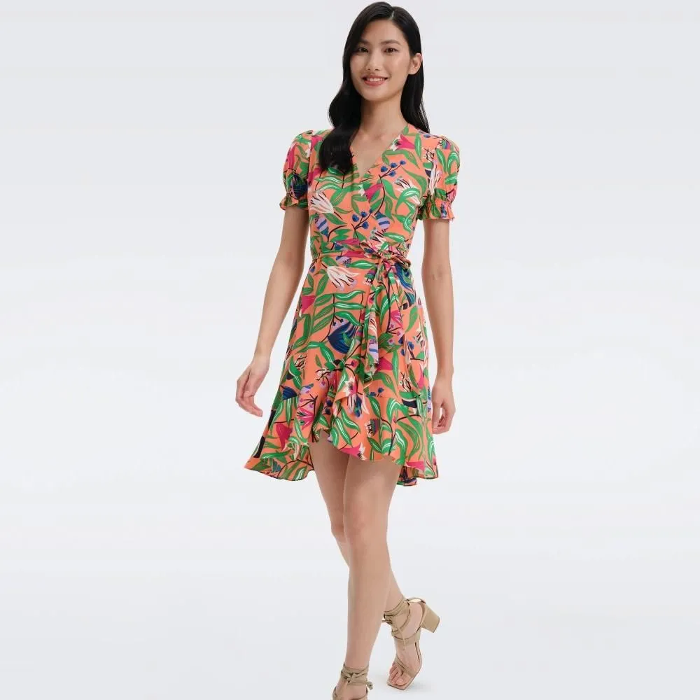 DIANE VON FURSTENBERG DVF EMILIA MINI DRESS FANTASIA FLORAL CORAL REEF