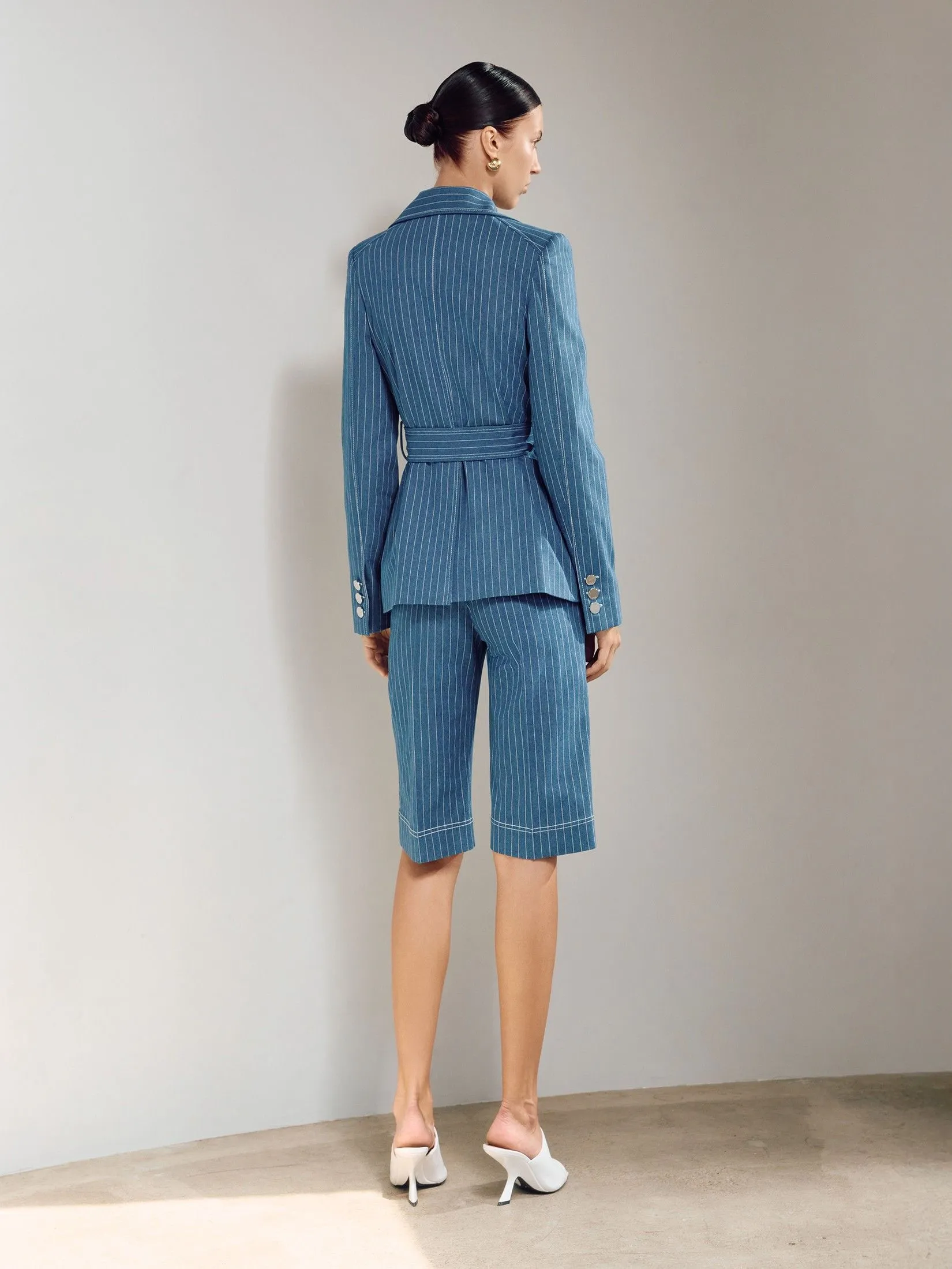 ASAVA ( SS25 )Pinstriped Denim Bermuda Women Shorts Blue