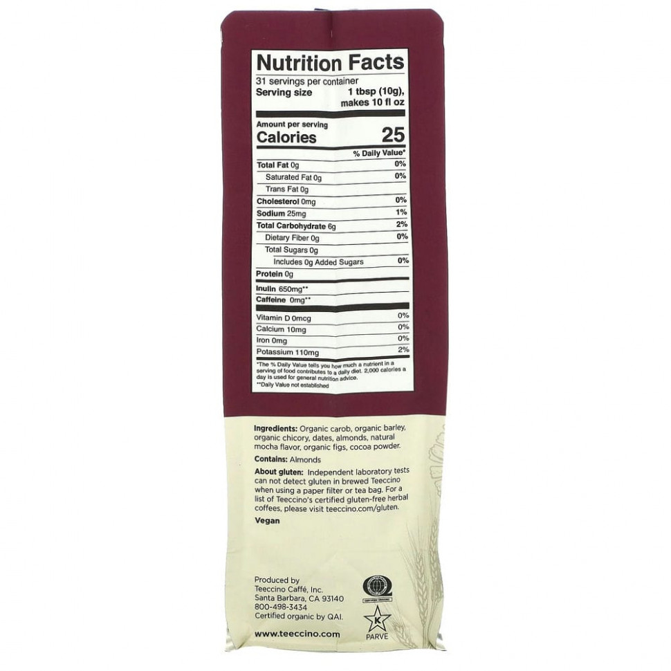 Teeccino, травяной кофе из цикория, мокка, средней прожарки, без кофеина, 312 г (11 унций)