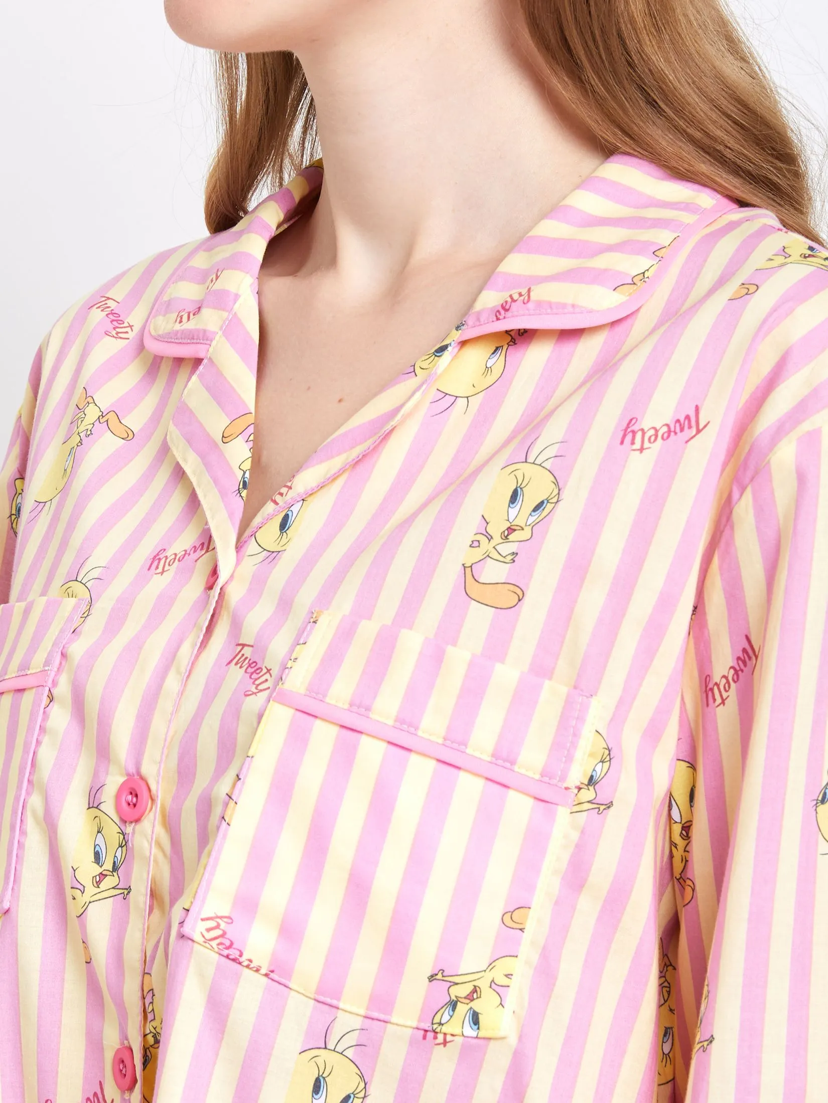 SWEET SENSATIONS Women Pyjamas Dress Long Sleeves Collar Neck Tweety Yellow