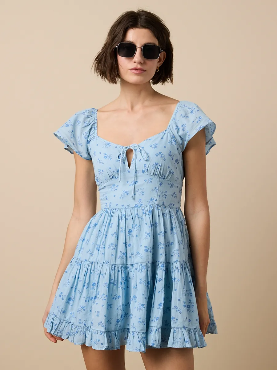 AMERICAN EAGLE WOMEN 7536 FLUTTER SLV ELASTIC WAIST MINI 401 LIGHT BLUE