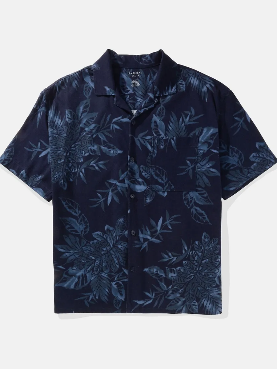 AMERICAN EAGLE MEN K - INTL SS PRINTED CAMP SHIRT 427 SUPER INDIGO