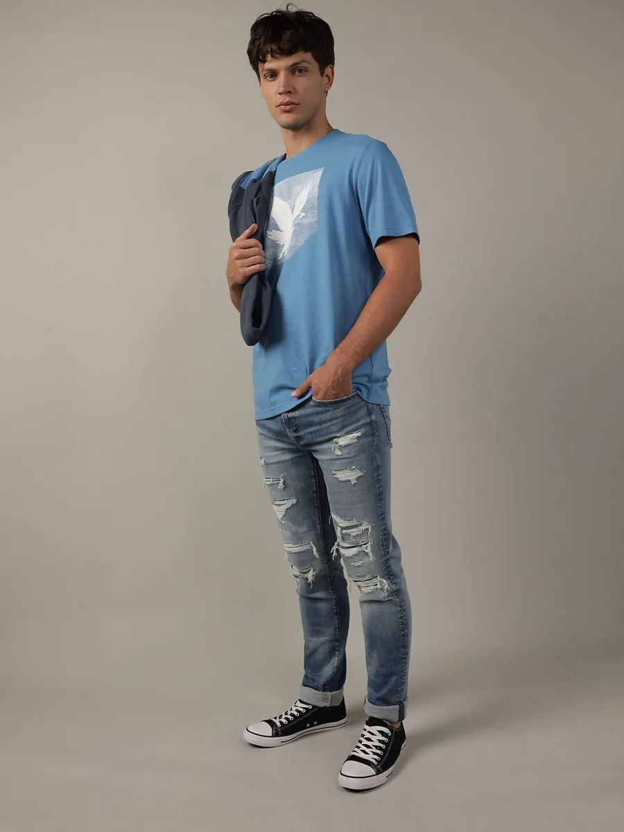 AMERICAN EAGLE MEN G SS CORE BRAND SET IN TEE- CVC FAUX HTHR + SERIOUSLY SOFT WASH 417 MARBLED BLUE