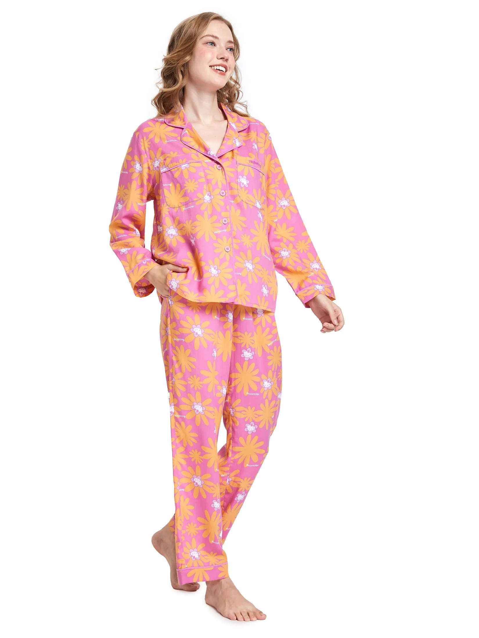 SANRIO Women Pyjamas Shirt Long Sleeves + Pants Flower Face Hello Kitty Pink