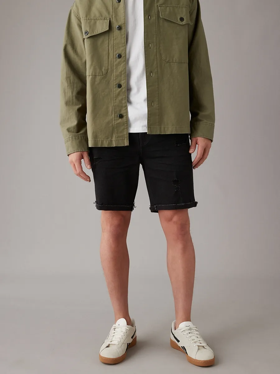 AMERICAN EAGLE MEN BLACK W/ DESTROY BAGGY JEAN - CUT & CUFF 073 TRUE BLACK