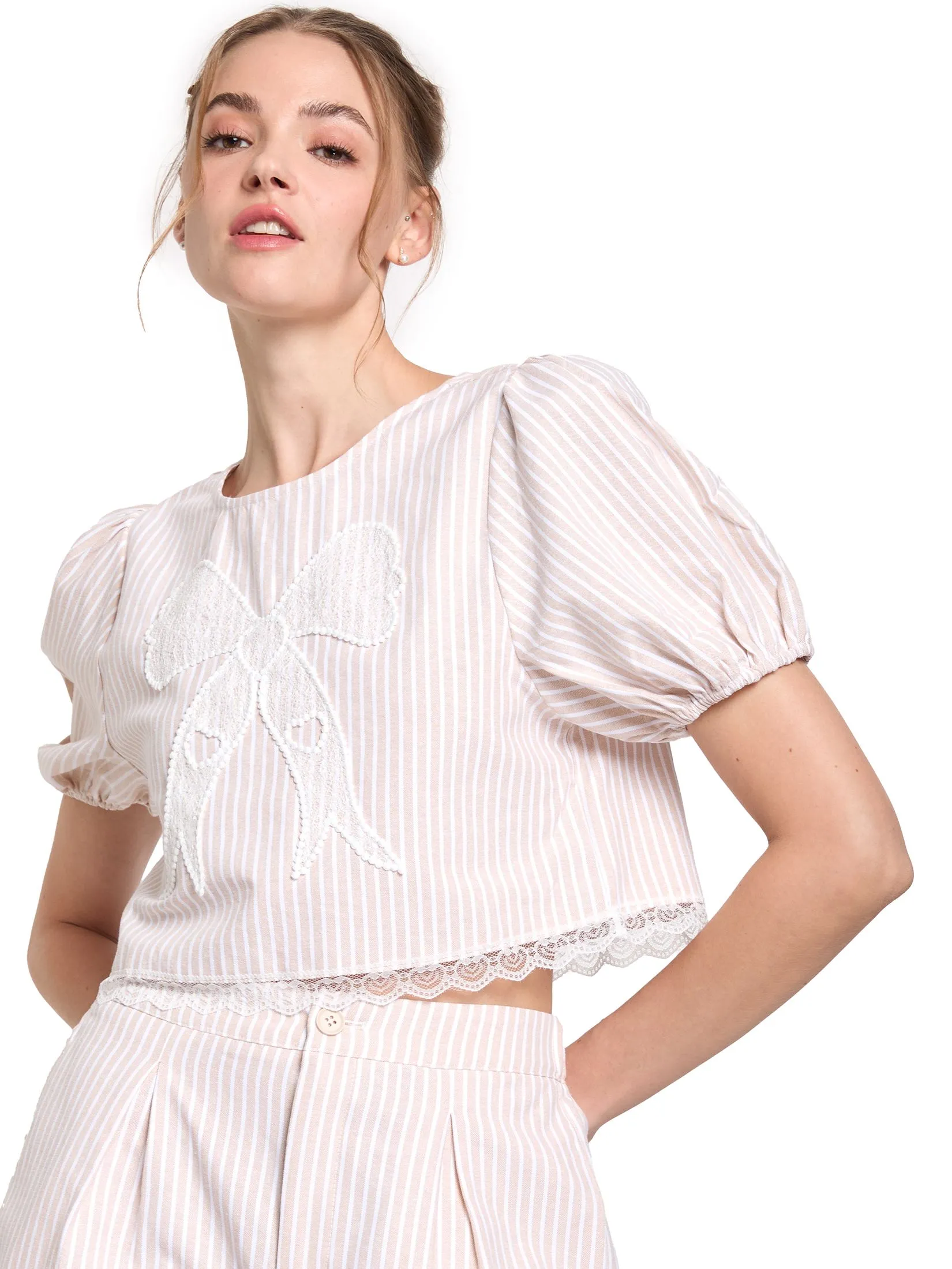 LOLITA Women Blouse With Lace Trim And Back Bow Detail