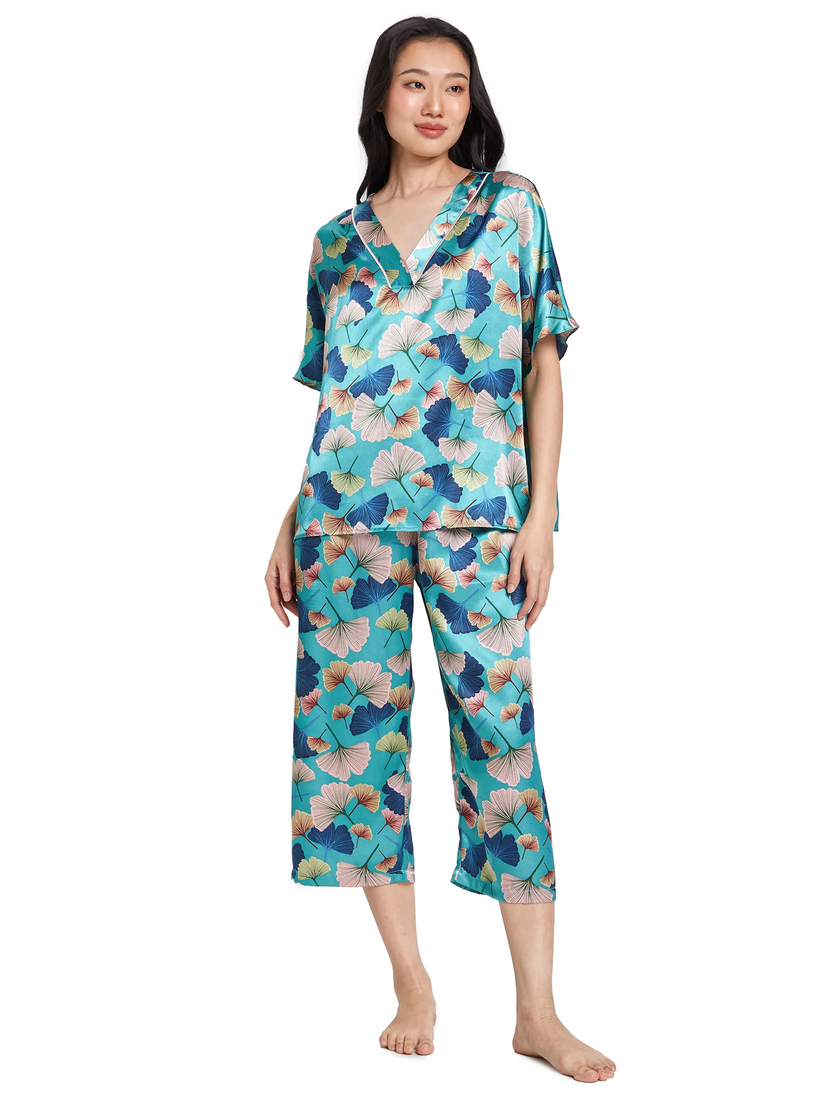 ELIZABETH Women Pyjamas Short Sleeves V-Neck + Cropped Pants Blue