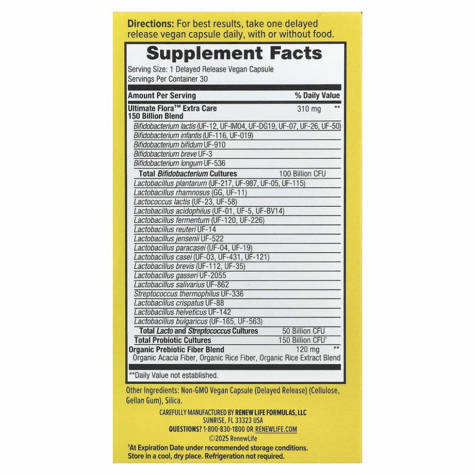 Renew Life, Ultimate Flora, Ultimate Care, пробиотик с повышенной силой действия, 150 млрд живых культур, 30 вегетарианских капсул