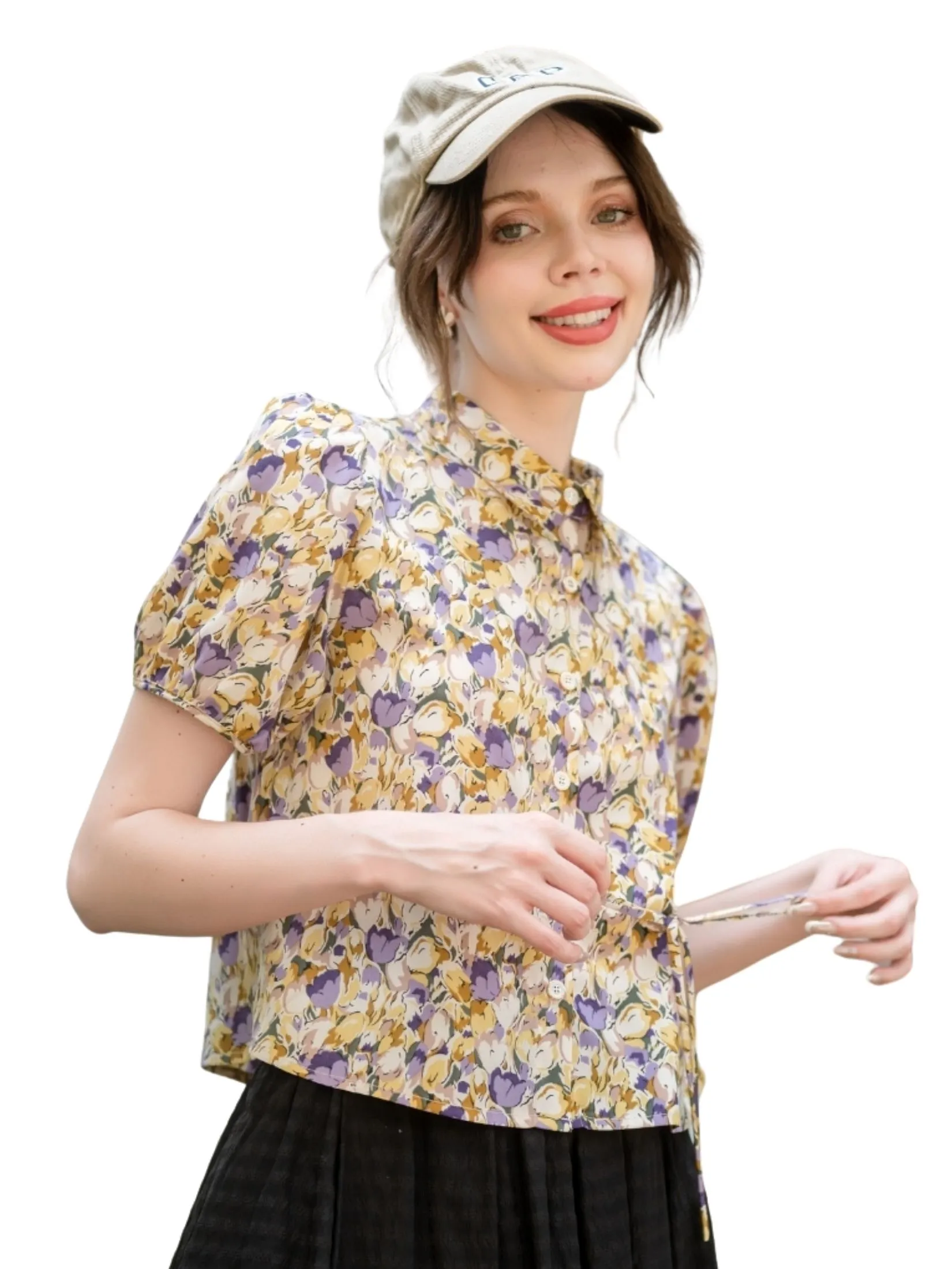 AMILA Women Shirt Short Sleeves Peach Skin Violet