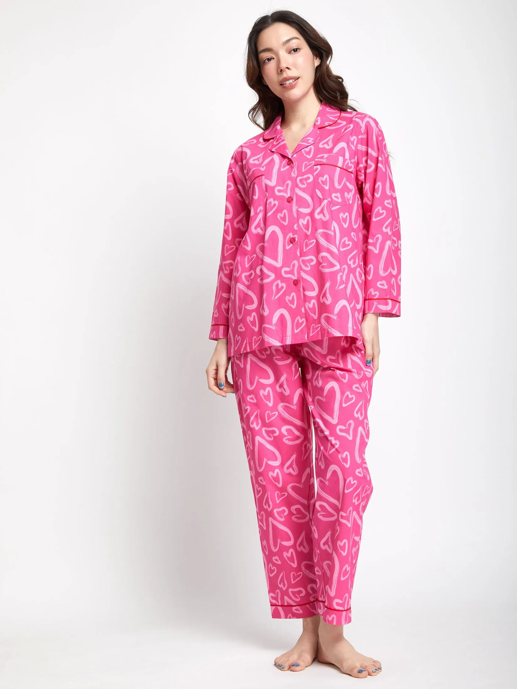 FOF Women Pyjamas Shirt Collar Neck Long Sleeves + Pants Heart Print Pink