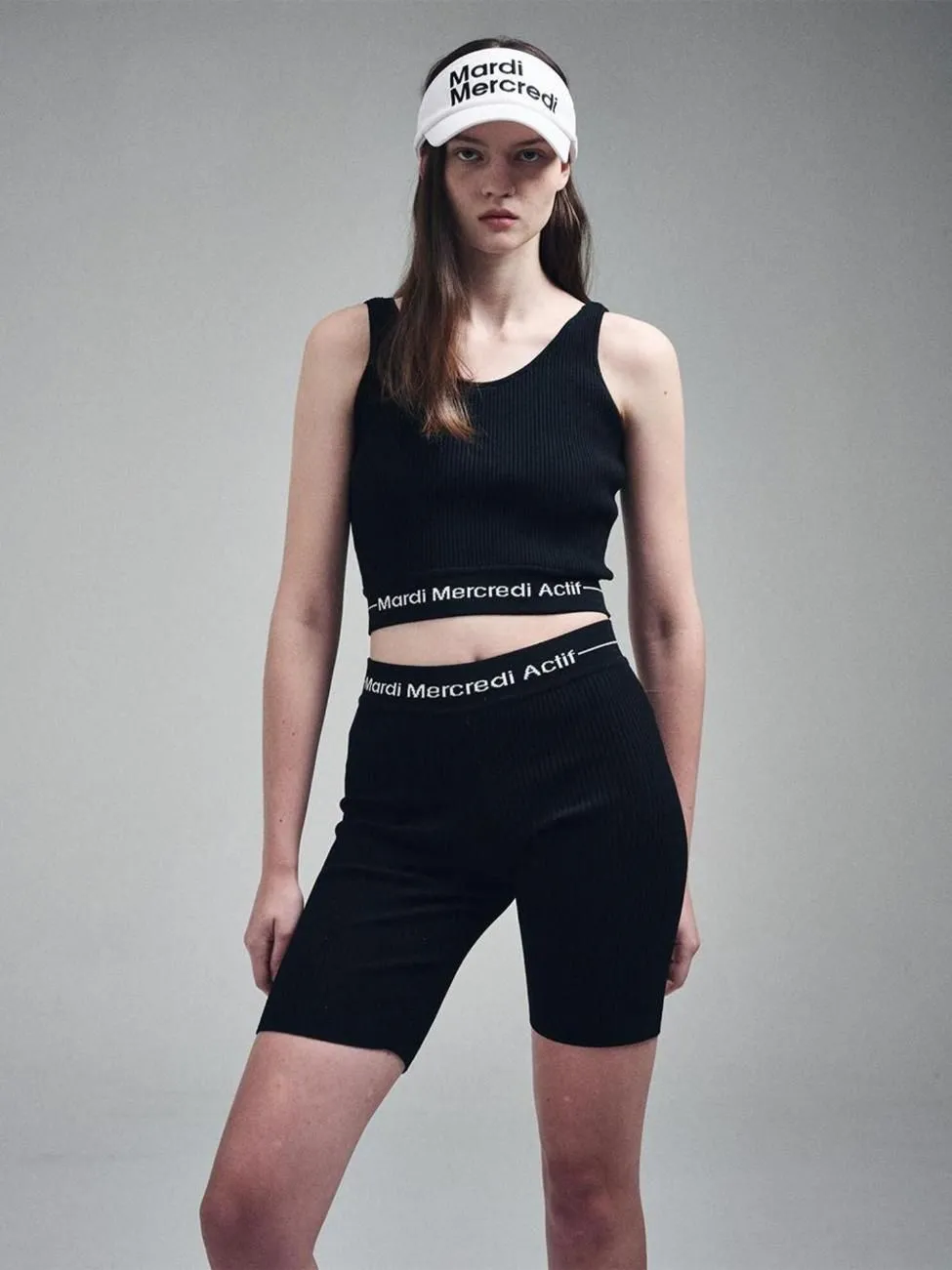 MARDI MERCREDI ACTIF Sleeveless Knit Tank Top Logo Jacquard Band Black Ivory F