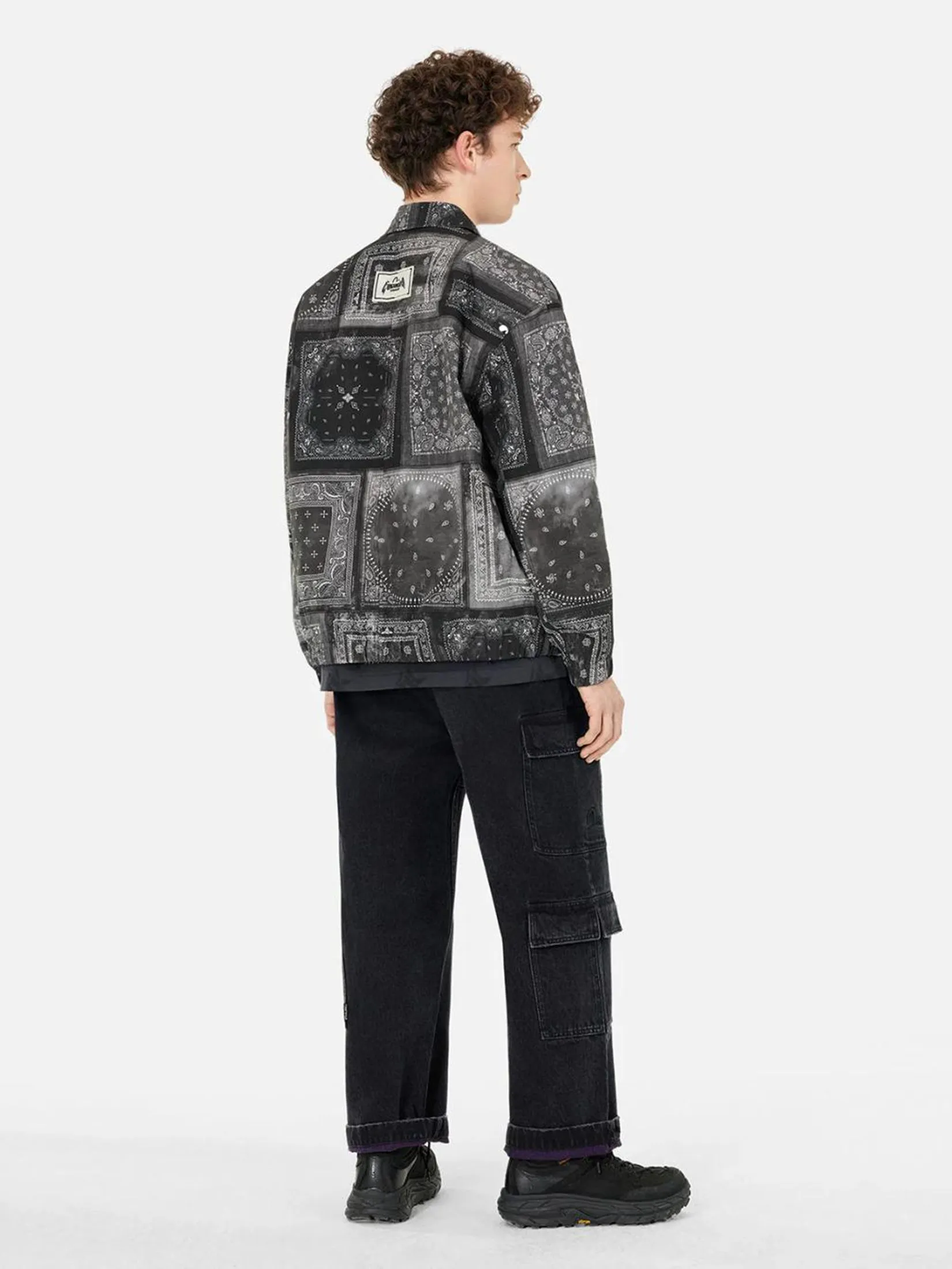 EVISU Men Oversized Coach Jacket Allover Paisley Print Black