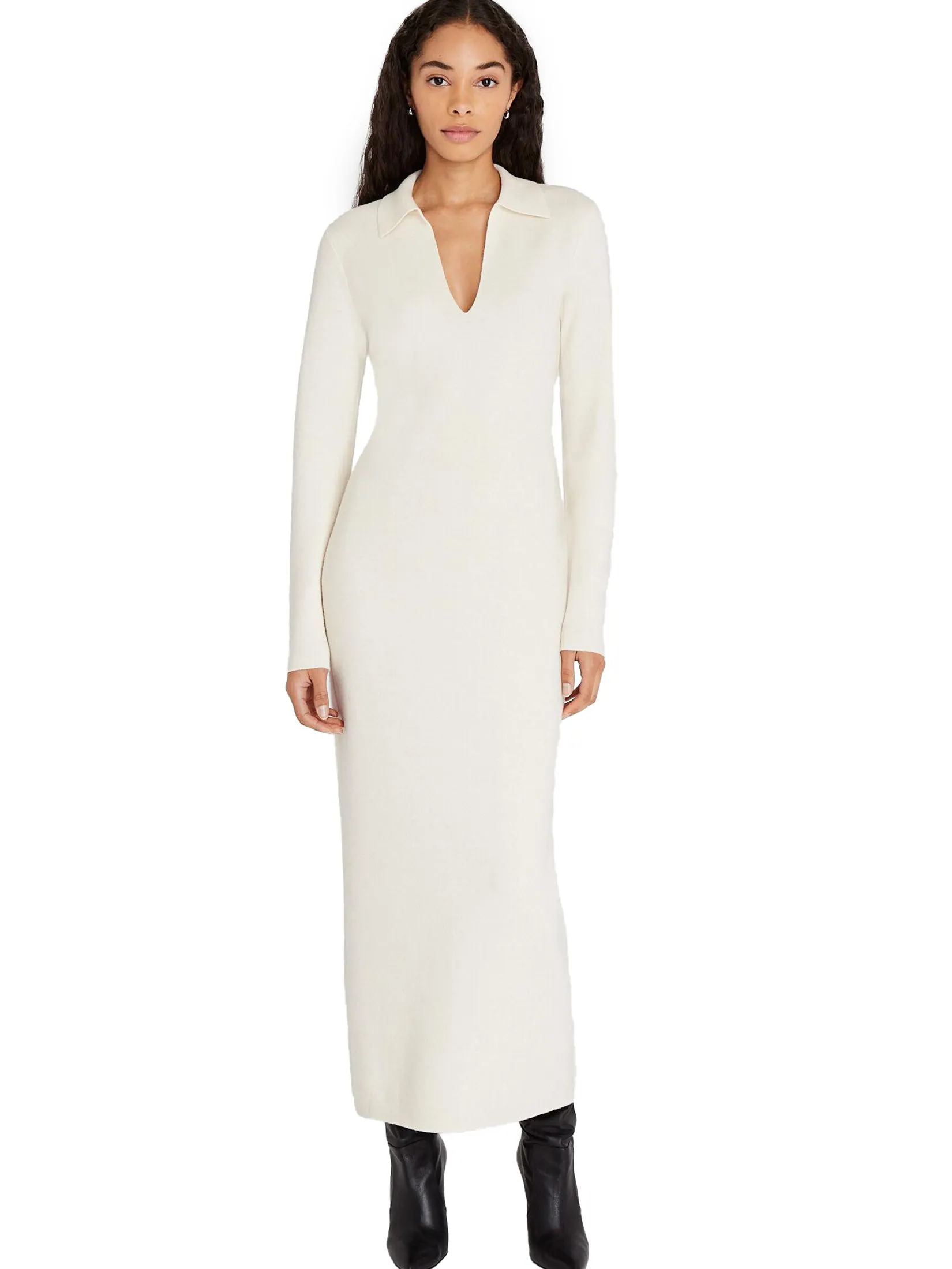 CLUB MONACO Women Dress Maxi Cashmere Blend Open Collar White Size - L